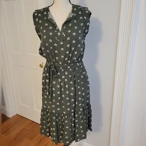 LOFT Elastic Waist Dress with Tie Belt, Green,  Size Small